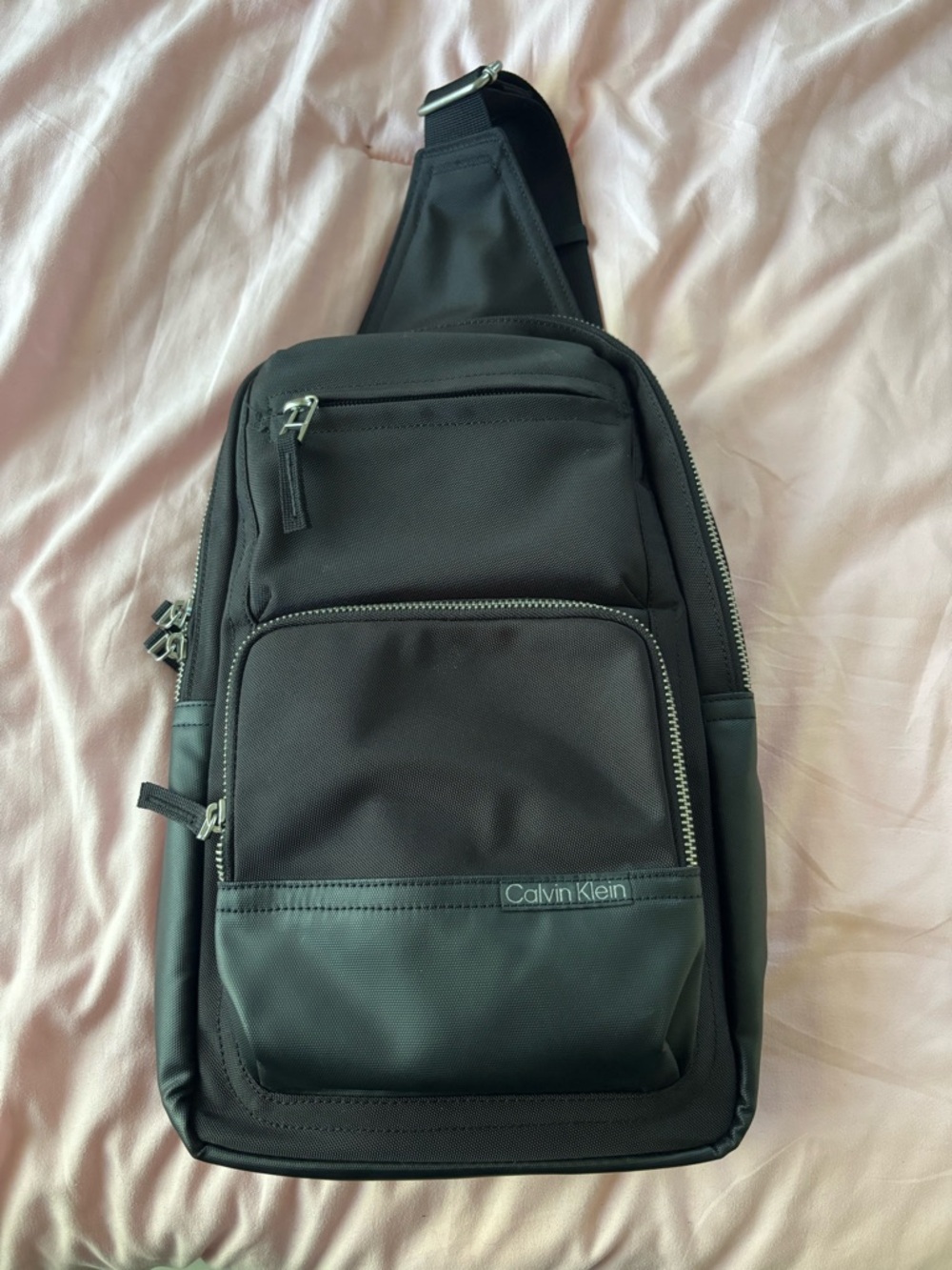 Calvin Klein Black Men's Sling Bag with Silver Zippers - Picture 2 of 8